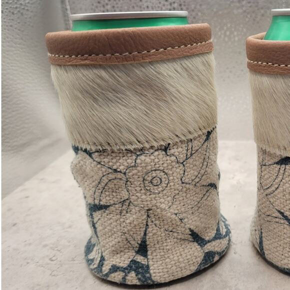 Blue Floral Canvas and Cowhide Can Sleeve - Picture 2 of 3